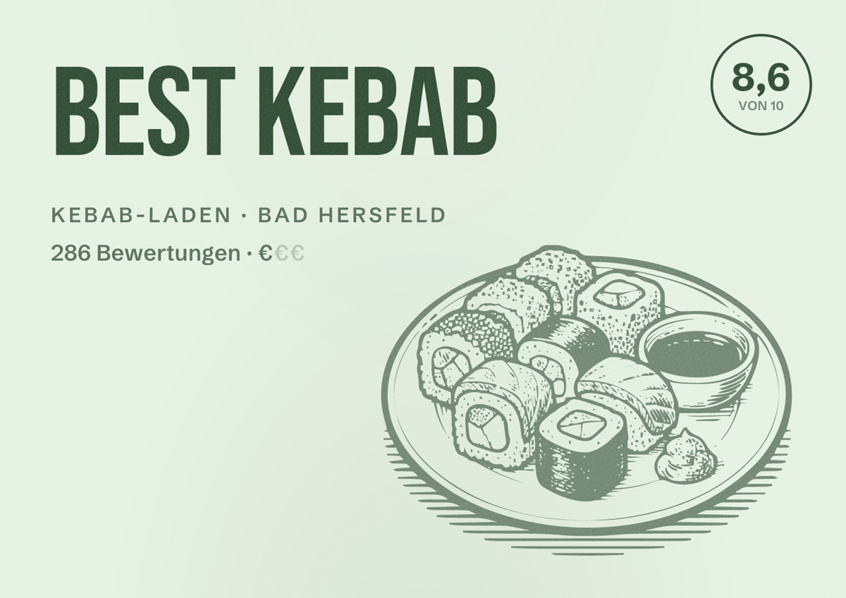 Illustriertes Poster von Best Kebab, Kebab-Laden in Bad Hersfeld: Bewertung 8,6 von 10 aus 286 Bewertungen, Preisniveau €