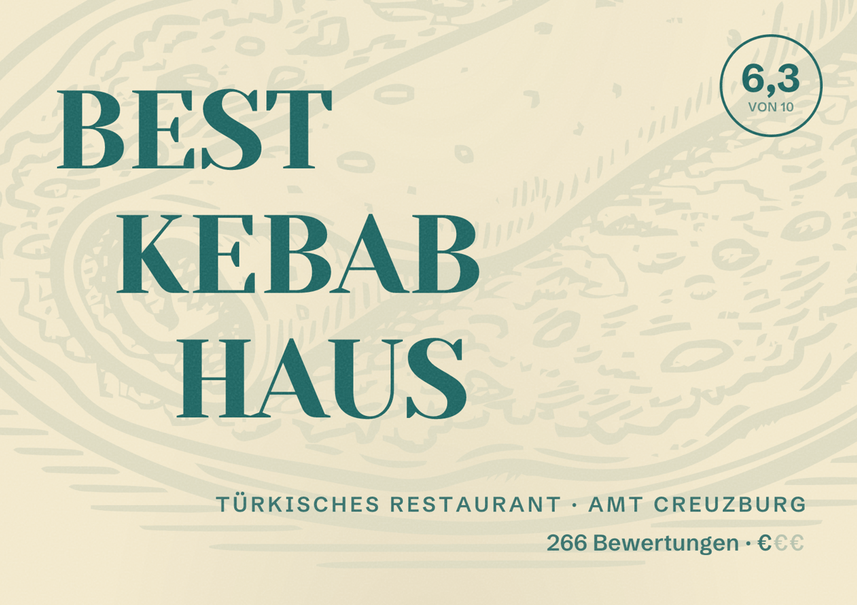 Illustriertes Poster von BEST KEBAB HAUS, Türkisches Restaurant in Amt Creuzburg: Bewertung 6,3 von 10 aus 266 Bewertungen, Preisniveau €