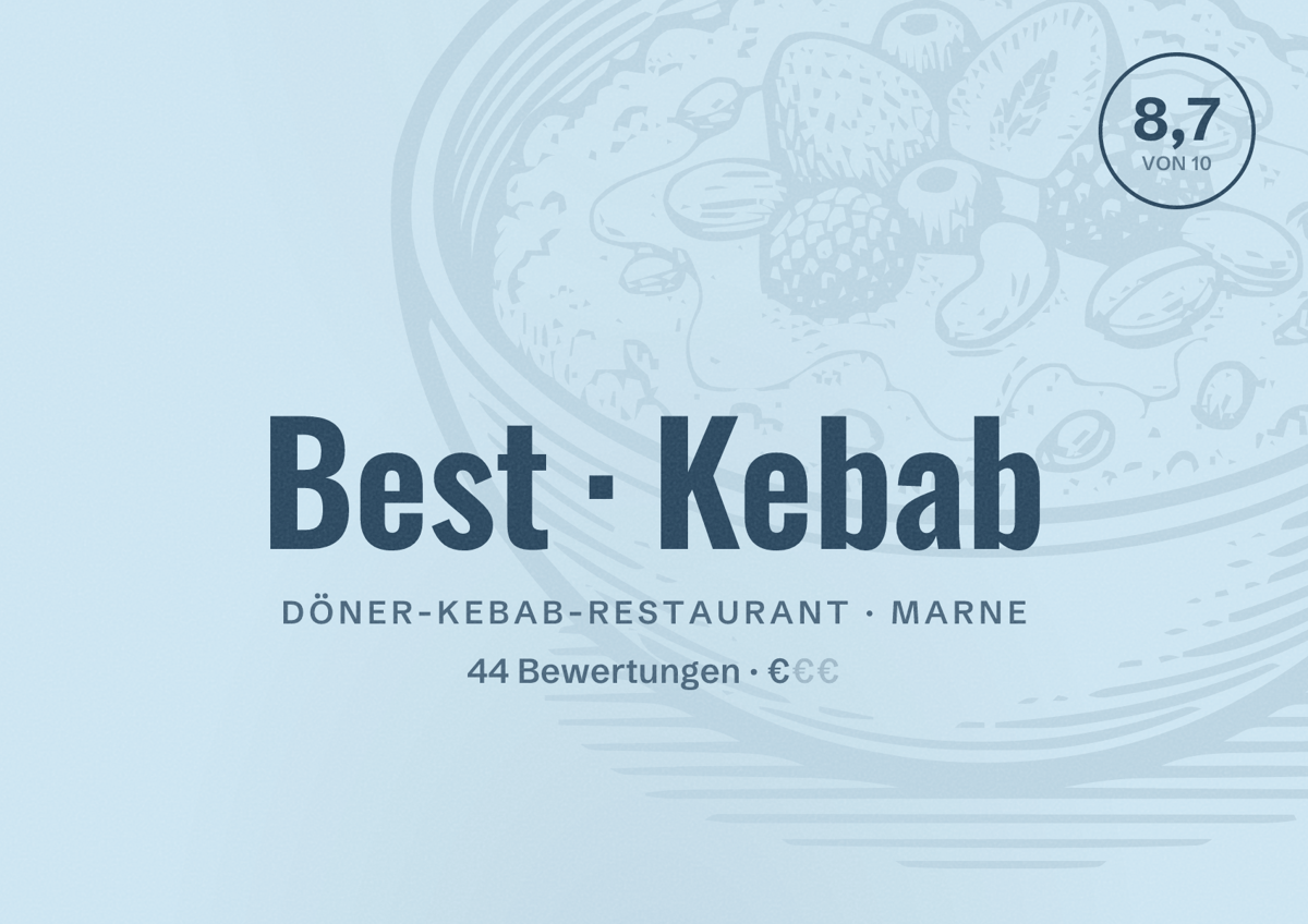 Illustriertes Poster von Best Kebab, Döner-Kebab-Restaurant in Marne: Bewertung 8,7 von 10 aus 44 Bewertungen, Preisniveau €