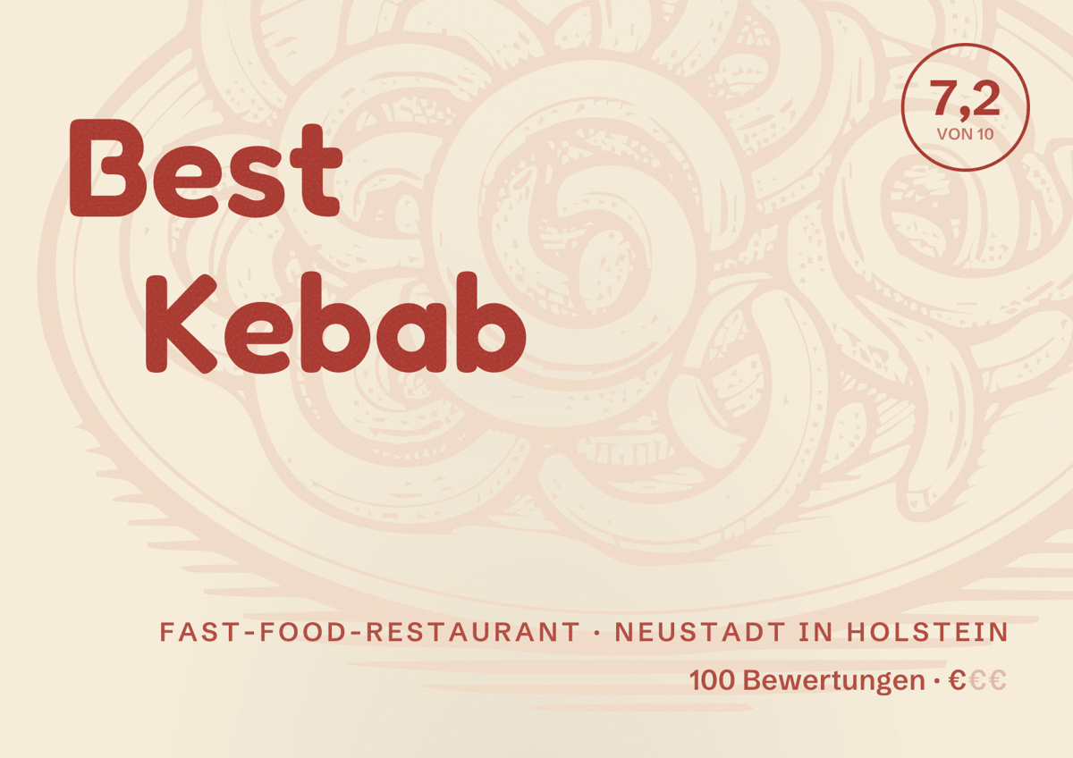 Illustriertes Poster von Best Kebab, Fast-Food-Restaurant in Neustadt in Holstein: Bewertung 7,2 von 10 aus 100 Bewertungen, Preisniveau €