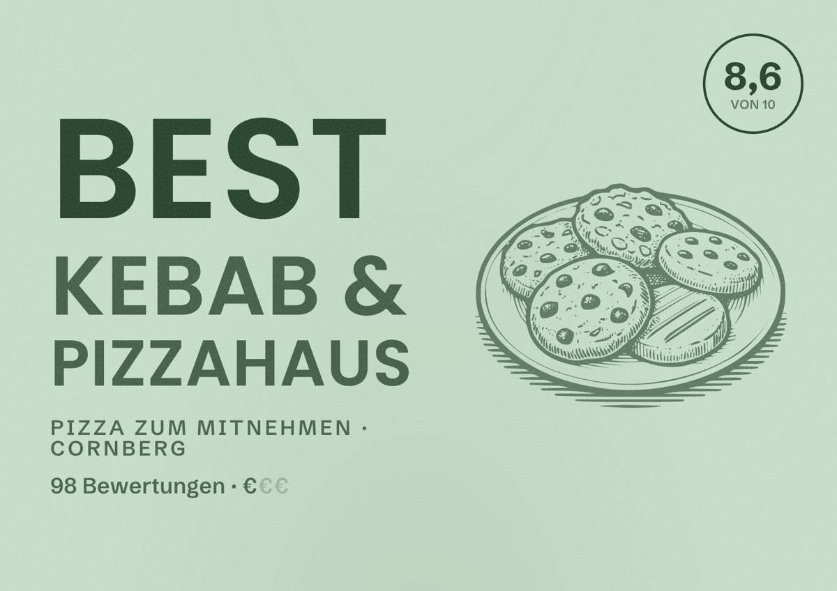 Illustriertes Poster von Best Kebab & Pizzahaus, Pizza zum Mitnehmen in Cornberg: Bewertung 8,6 von 10 aus 98 Bewertungen, Preisniveau €