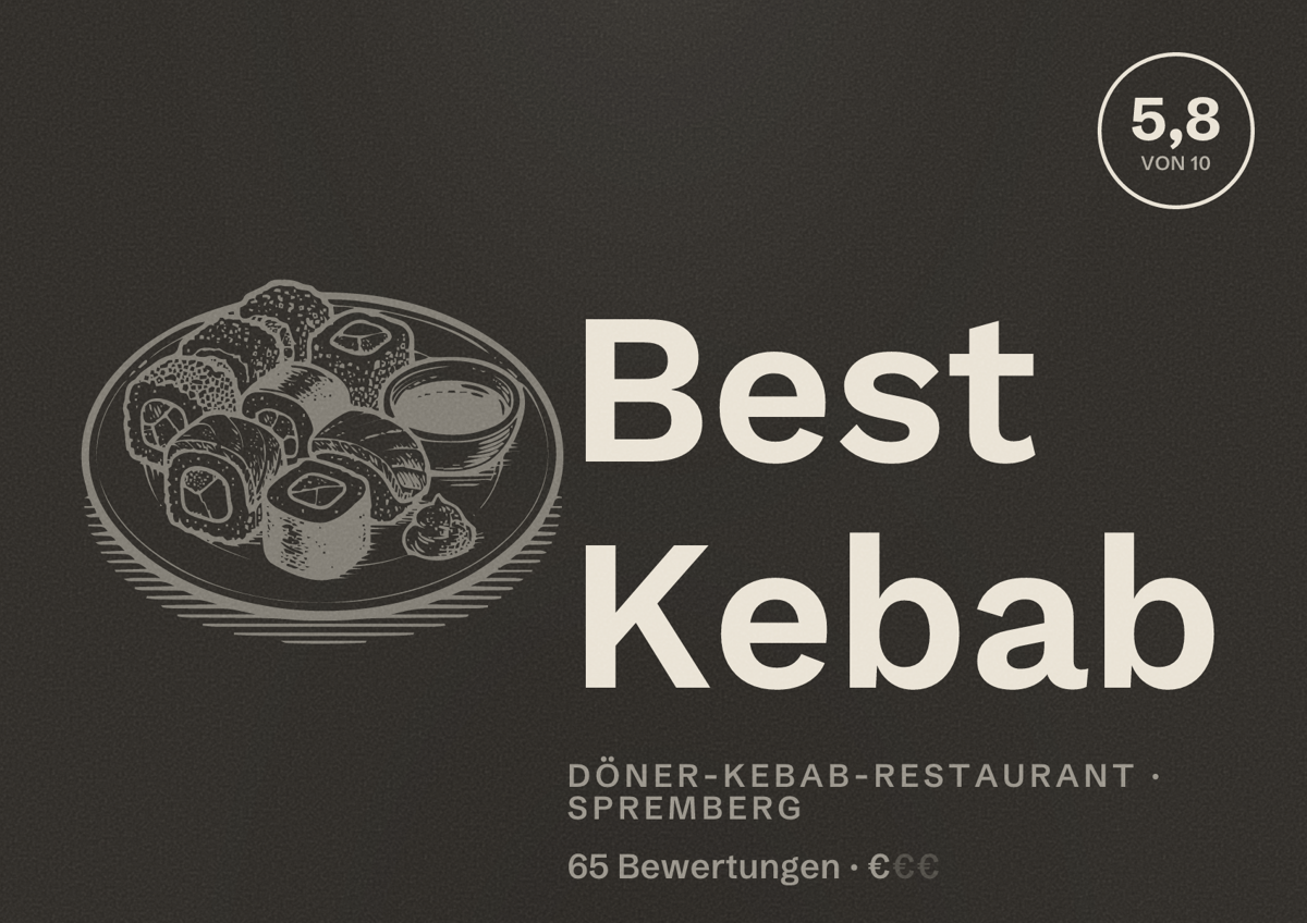 Illustriertes Poster von Best Kebab, Döner-Kebab-Restaurant in Spremberg: Bewertung 5,8 von 10 aus 65 Bewertungen, Preisniveau €