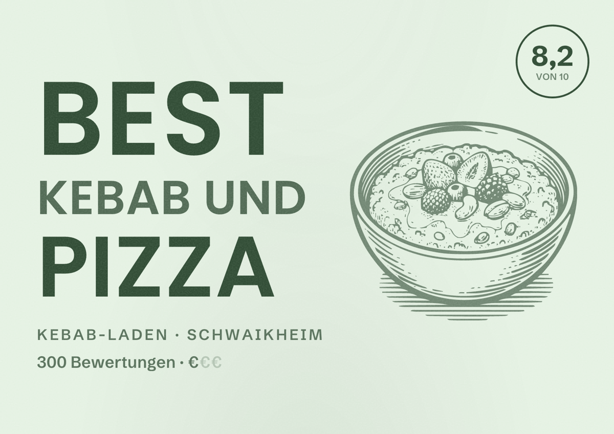 Illustriertes Poster von Best Kebab und Pizza, Kebab-Laden in Schwaikheim: Bewertung 8,2 von 10 aus 300 Bewertungen, Preisniveau €