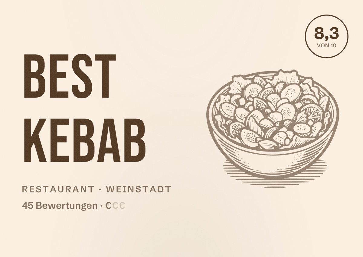 Illustriertes Poster von Best Kebab, Restaurant in Weinstadt: Bewertung 8,3 von 10 aus 45 Bewertungen, Preisniveau €