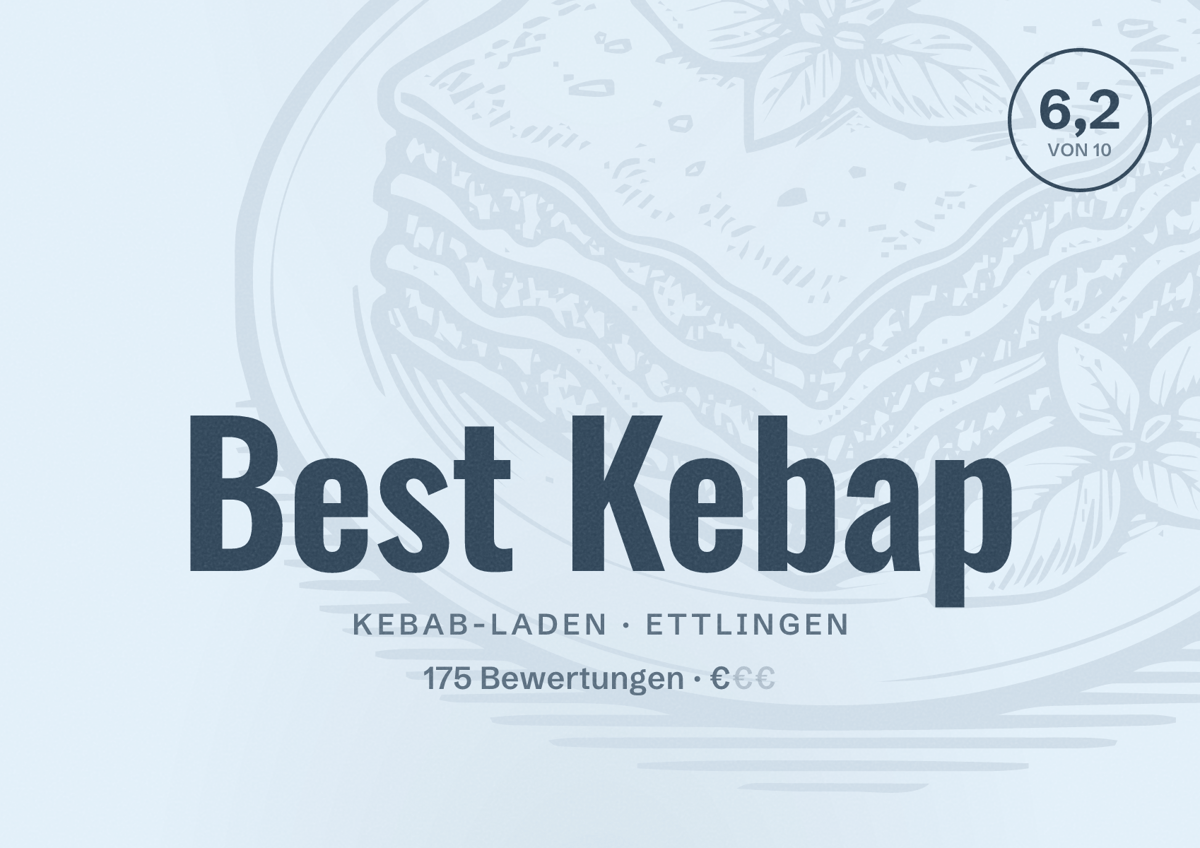 Illustriertes Poster von Best Kebap, Kebab-Laden in Ettlingen: Bewertung 6,2 von 10 aus 175 Bewertungen, Preisniveau €