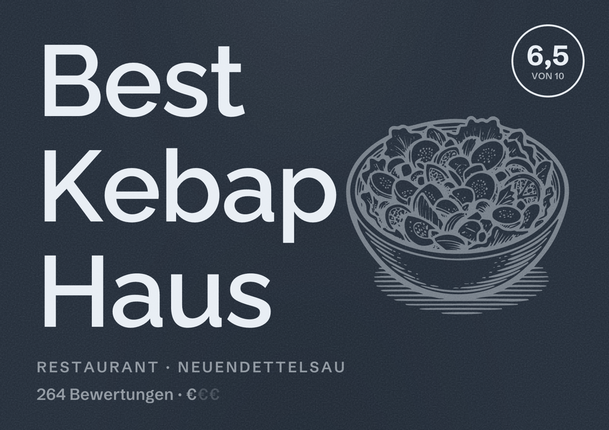 Illustriertes Poster von Best Kebap Haus, Restaurant in Neuendettelsau: Bewertung 6,5 von 10 aus 264 Bewertungen, Preisniveau €