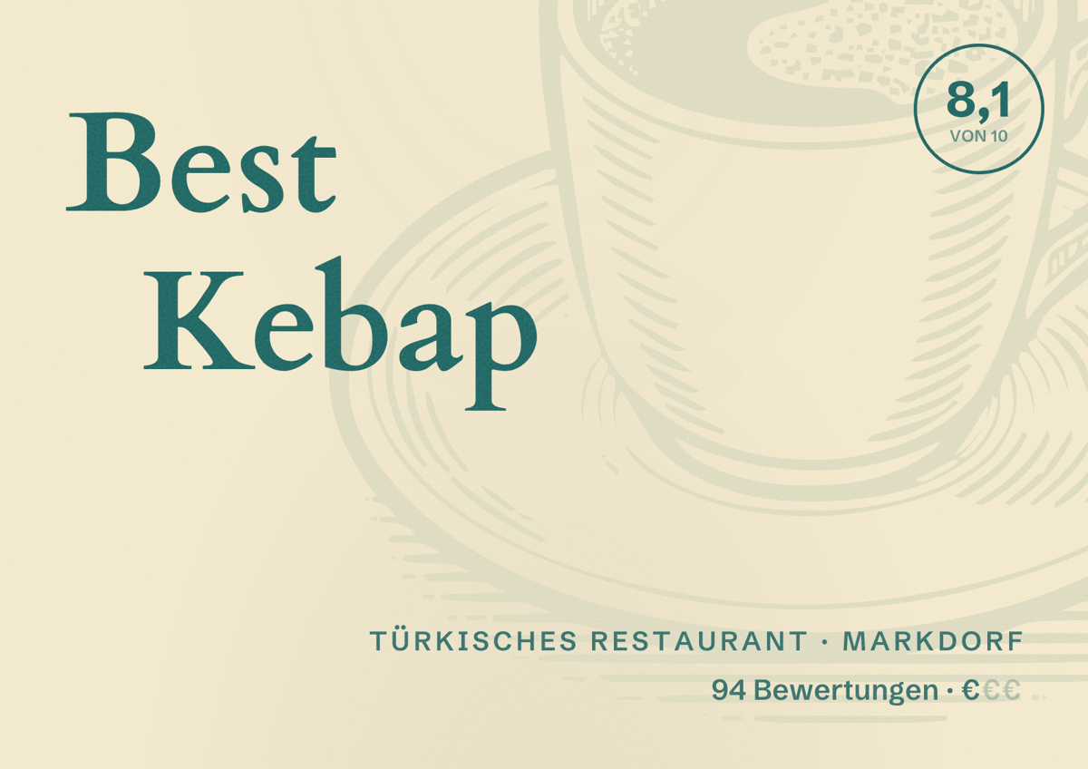 Illustriertes Poster von Best Kebap, Türkisches Restaurant in Markdorf: Bewertung 8,1 von 10 aus 94 Bewertungen, Preisniveau €