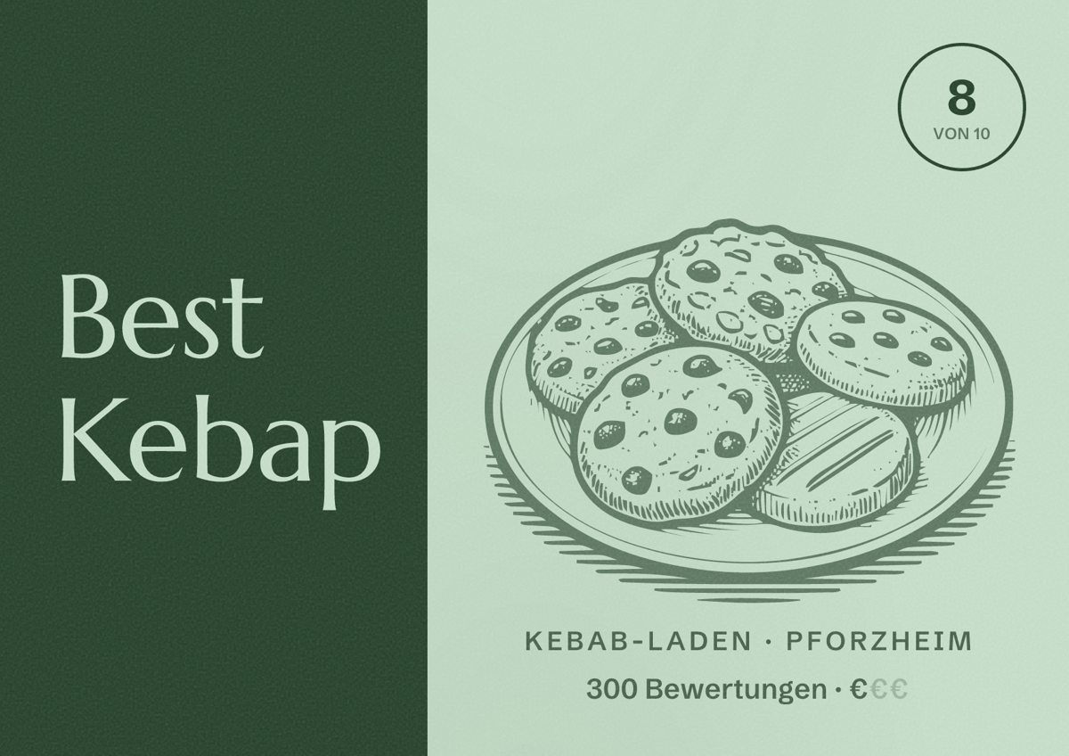Illustriertes Poster von Best Kebap, Kebab-Laden in Pforzheim: Bewertung 8 von 10 aus 300 Bewertungen, Preisniveau €
