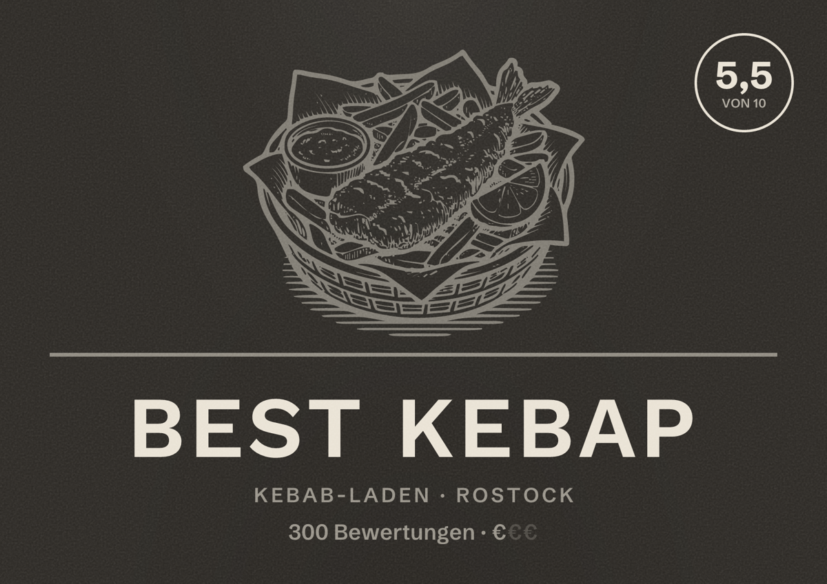 Illustriertes Poster von Best Kebap, Kebab-Laden in Rostock: Bewertung 5,5 von 10 aus 300 Bewertungen, Preisniveau €