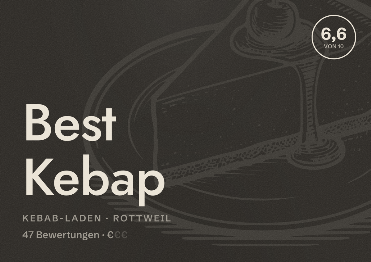 Illustriertes Poster von Best Kebap, Kebab-Laden in Rottweil: Bewertung 6,6 von 10 aus 47 Bewertungen, Preisniveau €