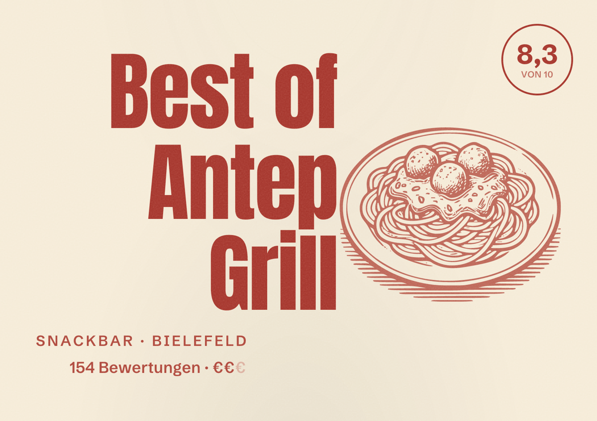 Illustriertes Poster von Best of Antep Grill, Snackbar in Bielefeld: Bewertung 8,3 von 10 aus 154 Bewertungen, Preisniveau €€