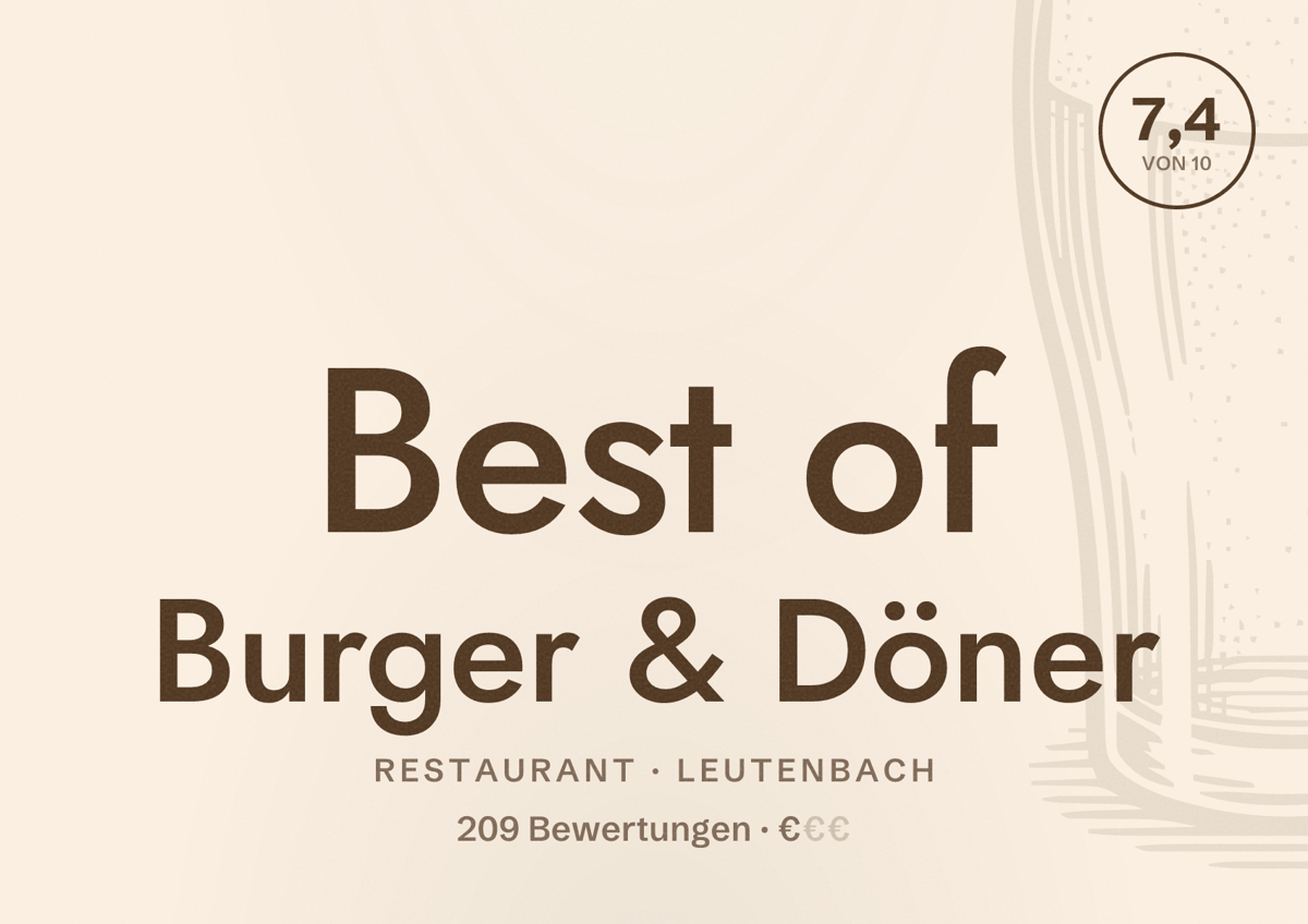 Illustriertes Poster von Best of Burger & Döner, Restaurant in Leutenbach: Bewertung 7,4 von 10 aus 209 Bewertungen, Preisniveau €
