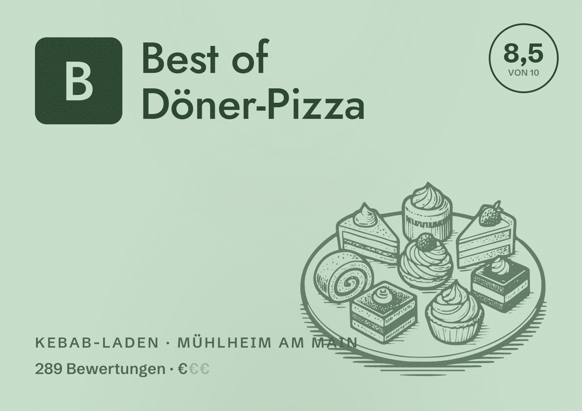 Illustriertes Poster von Best of Döner-Pizza, Kebab-Laden in Mühlheim am Main: Bewertung 8,5 von 10 aus 289 Bewertungen, Preisniveau €