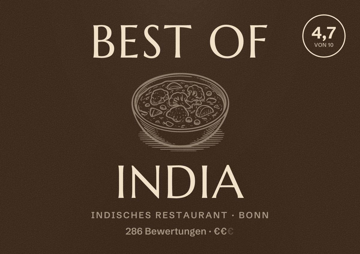 Illustriertes Poster von Best of India, Indisches Restaurant in Bonn: Bewertung 4,7 von 10 aus 286 Bewertungen, Preisniveau €€