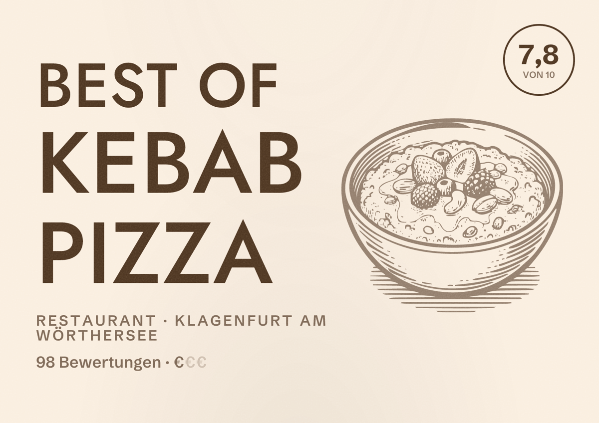 Illustriertes Poster von Best of kebab pizza, Restaurant in Klagenfurt am Wörthersee: Bewertung 7,8 von 10 aus 98 Bewertungen, Preisniveau €