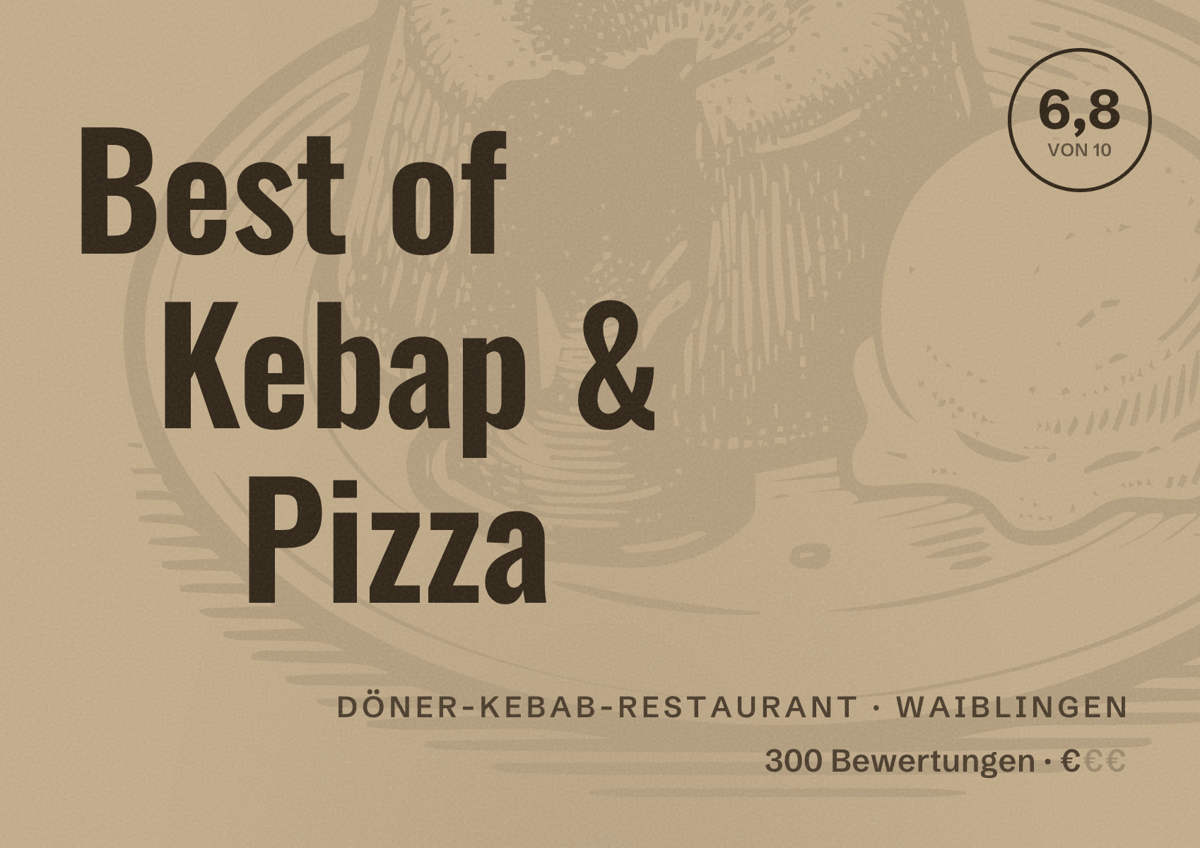 Illustriertes Poster von Best of Kebap & Pizza, Döner-Kebab-Restaurant in Waiblingen: Bewertung 6,8 von 10 aus 300 Bewertungen, Preisniveau €