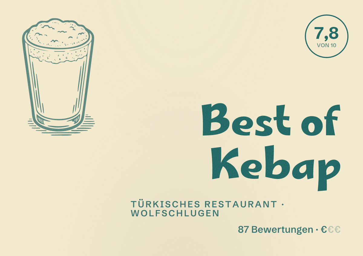 Illustriertes Poster von Best of Kebap, Türkisches Restaurant in Wolfschlugen: Bewertung 7,8 von 10 aus 87 Bewertungen, Preisniveau €