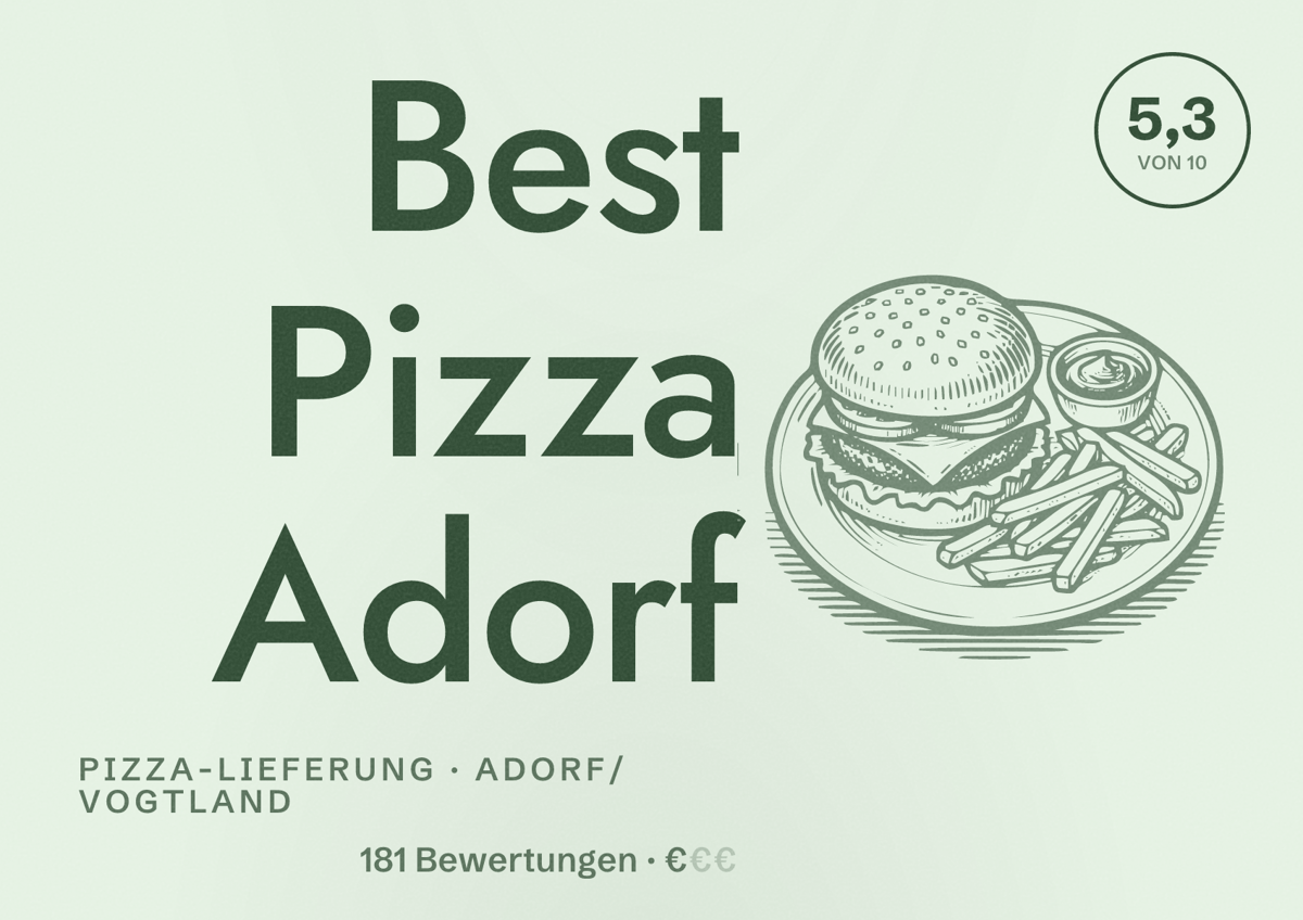 Illustriertes Poster von Best Pizza Adorf, Pizza-Lieferung in Adorf/Vogtland: Bewertung 5,3 von 10 aus 181 Bewertungen, Preisniveau €