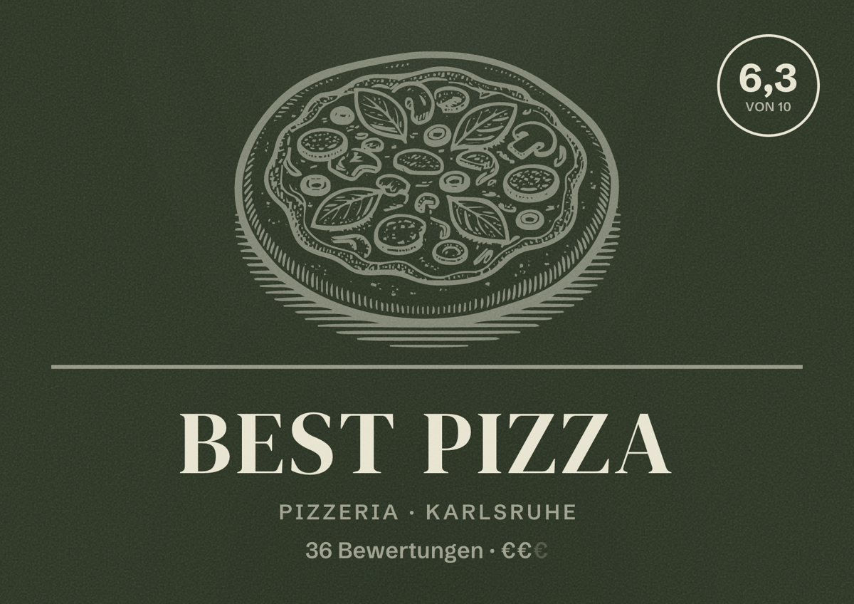 Illustriertes Poster von Best Pizza, Pizzeria in Karlsruhe: Bewertung 6,3 von 10 aus 36 Bewertungen, Preisniveau €€