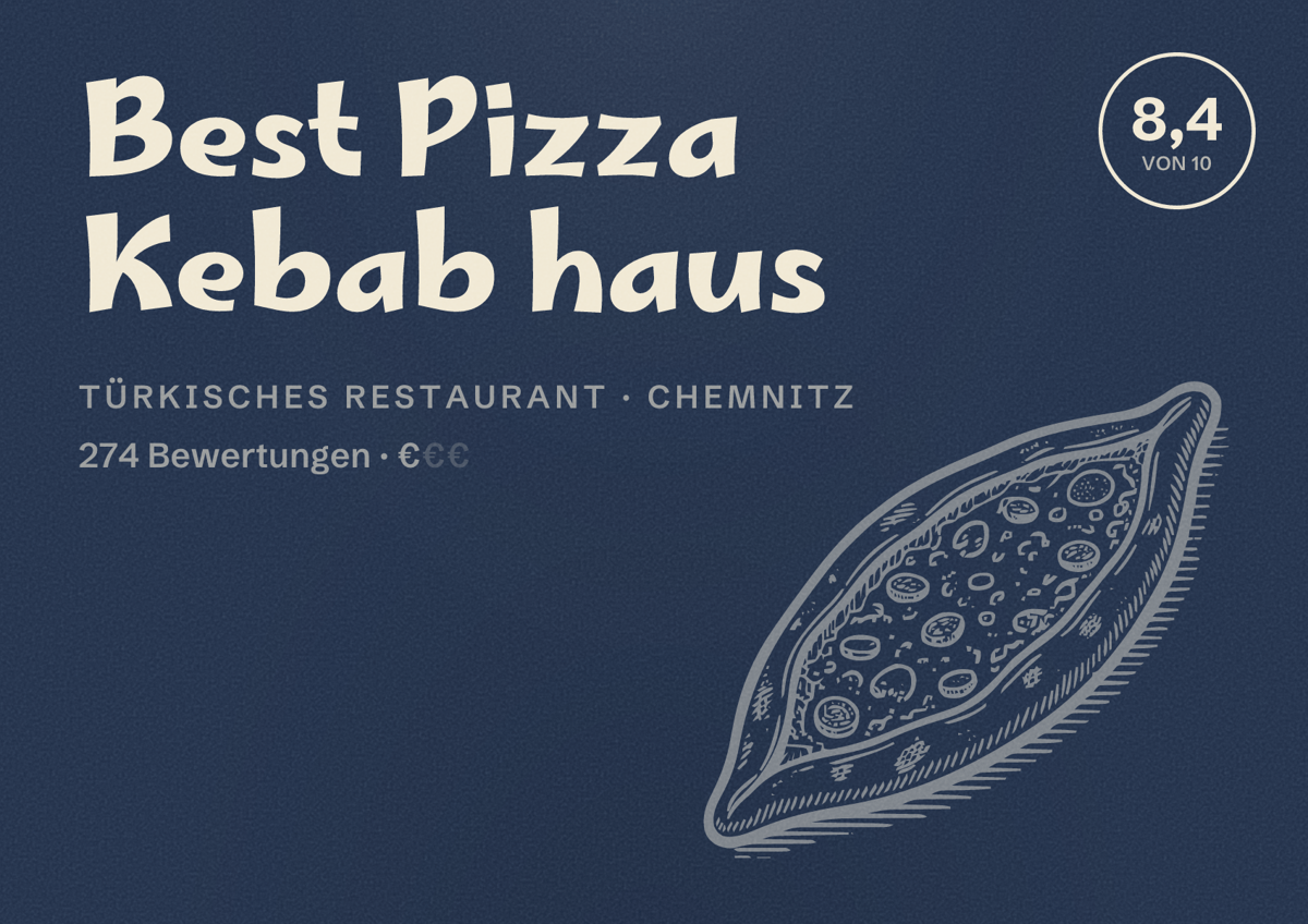 Illustriertes Poster von Best Pizza Kebab haus, Türkisches Restaurant in Chemnitz: Bewertung 8,4 von 10 aus 274 Bewertungen, Preisniveau €