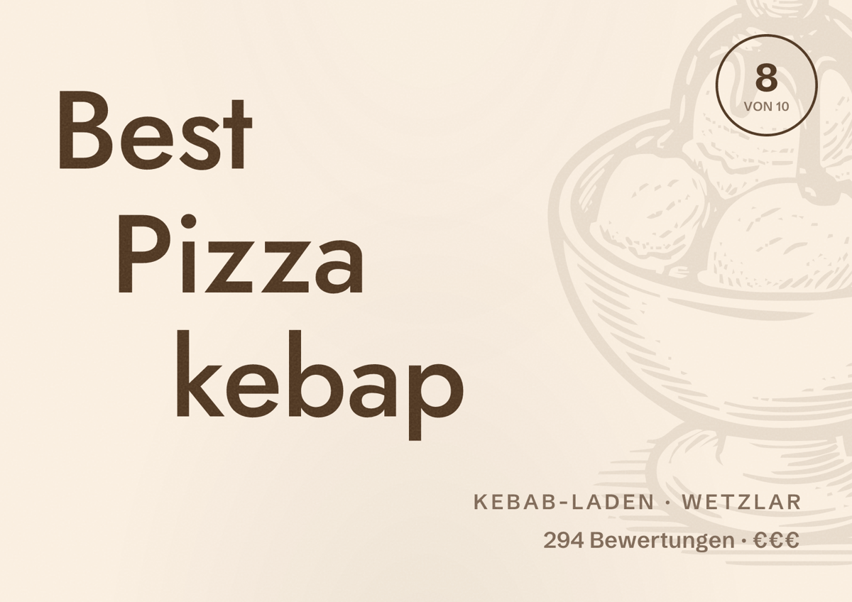 Illustriertes Poster von Best Pizza kebap, Kebab-Laden in Wetzlar: Bewertung 8 von 10 aus 294 Bewertungen, Preisniveau €€€