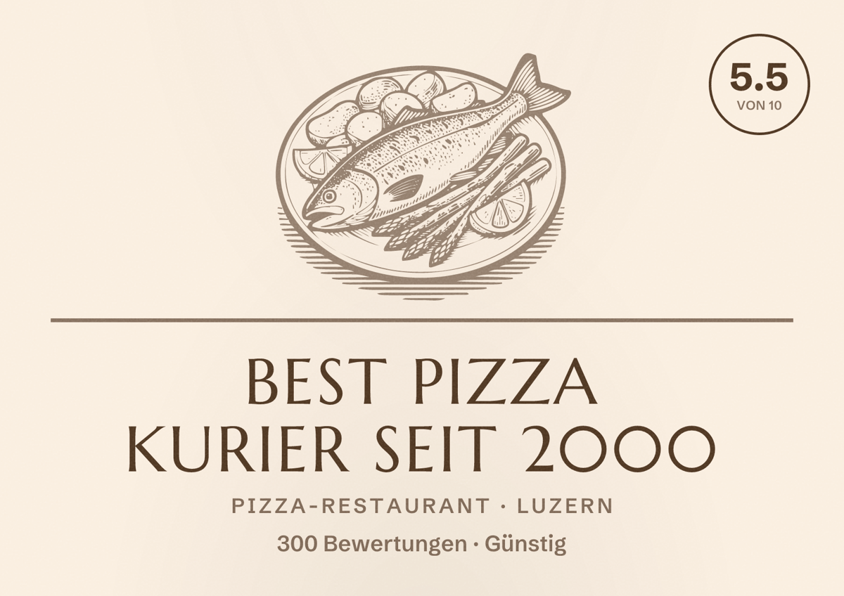 Illustriertes Poster von Best Pizza Kurier seit 2000, Pizza-Restaurant in Luzern: Bewertung 5.5 von 10 aus 300 Bewertungen, Preisniveau Günstig
