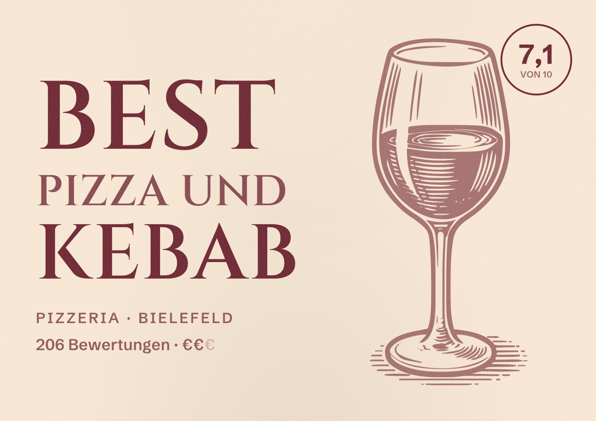 Illustriertes Poster von BEST Pizza und Kebab, Pizzeria in Bielefeld: Bewertung 7,1 von 10 aus 206 Bewertungen, Preisniveau €€