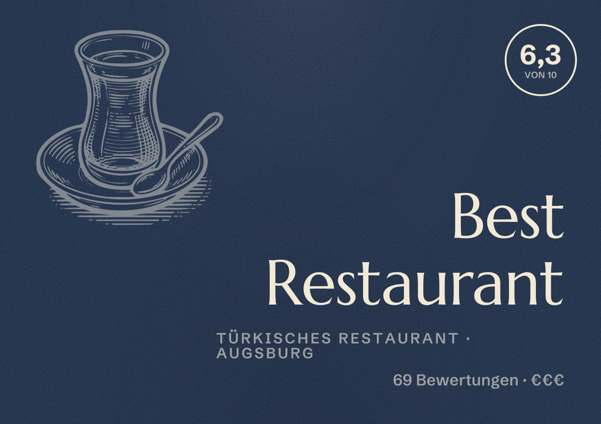 Illustriertes Poster von Best Restaurant, Türkisches Restaurant in Augsburg: Bewertung 6,3 von 10 aus 69 Bewertungen, Preisniveau €€€