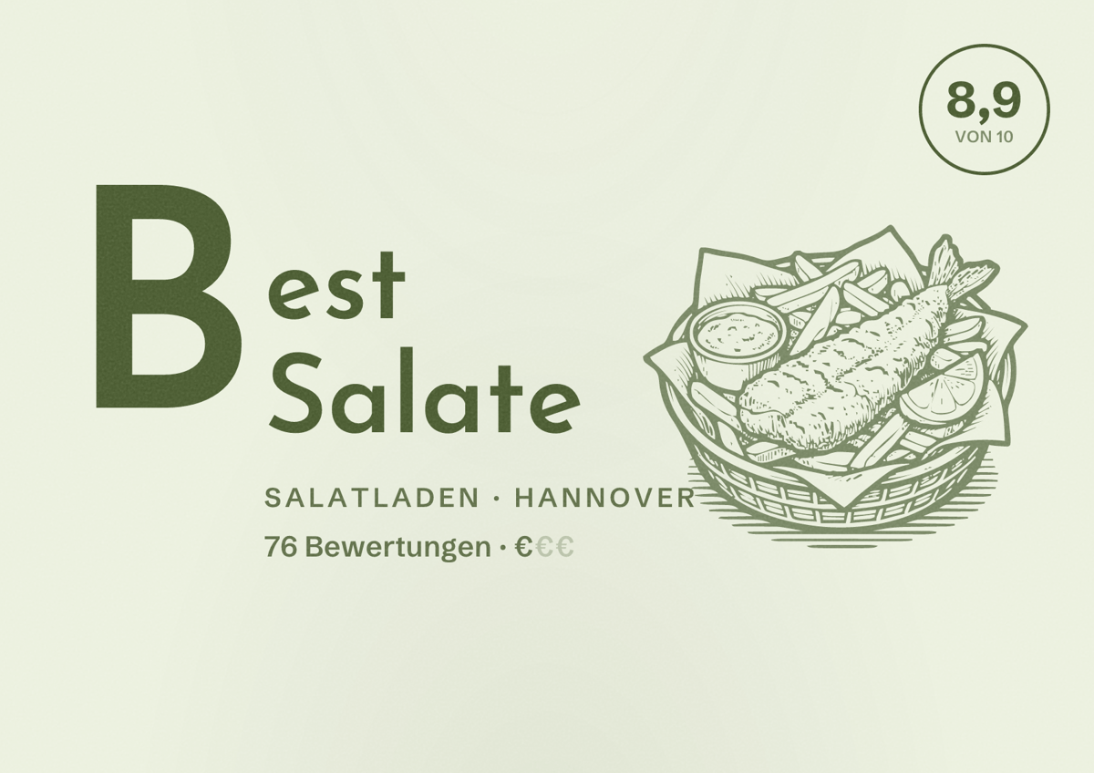Illustriertes Poster von Best Salate, Salatladen in Hannover: Bewertung 8,9 von 10 aus 76 Bewertungen, Preisniveau €