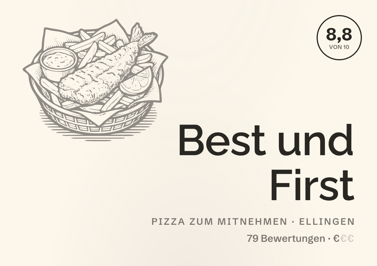 Illustriertes Poster von Best und First, Pizza zum Mitnehmen in Ellingen: Bewertung 8,8 von 10 aus 79 Bewertungen, Preisniveau €