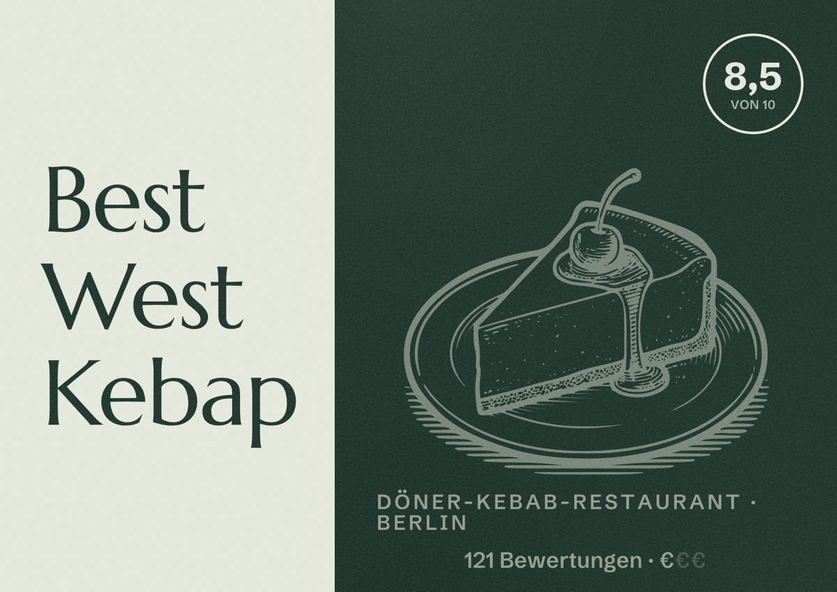 Illustriertes Poster von Best West Kebap, Döner-Kebab-Restaurant in Berlin: Bewertung 8,5 von 10 aus 121 Bewertungen, Preisniveau €