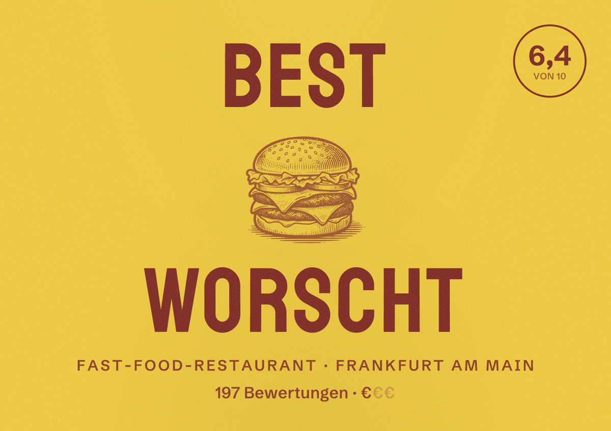 Illustriertes Poster von BEST WORSCHT, Fast-Food-Restaurant in Frankfurt am Main: Bewertung 6,4 von 10 aus 197 Bewertungen, Preisniveau €