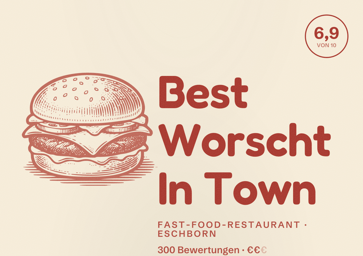 Illustriertes Poster von Best Worscht In Town, Fast-Food-Restaurant in Eschborn: Bewertung 6,9 von 10 aus 300 Bewertungen, Preisniveau €€