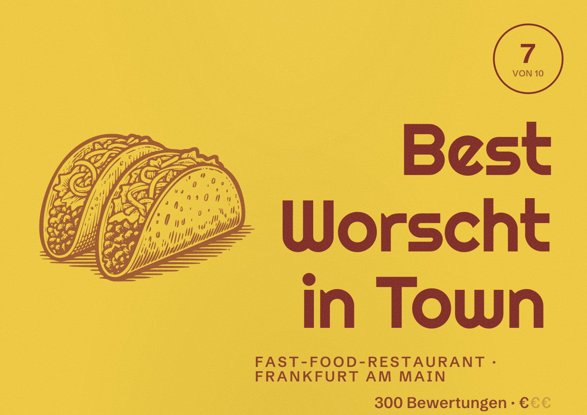 Illustriertes Poster von Best Worscht in Town, Fast-Food-Restaurant in Frankfurt am Main: Bewertung 7,0 von 10 aus 300 Bewertungen, Preisniveau €