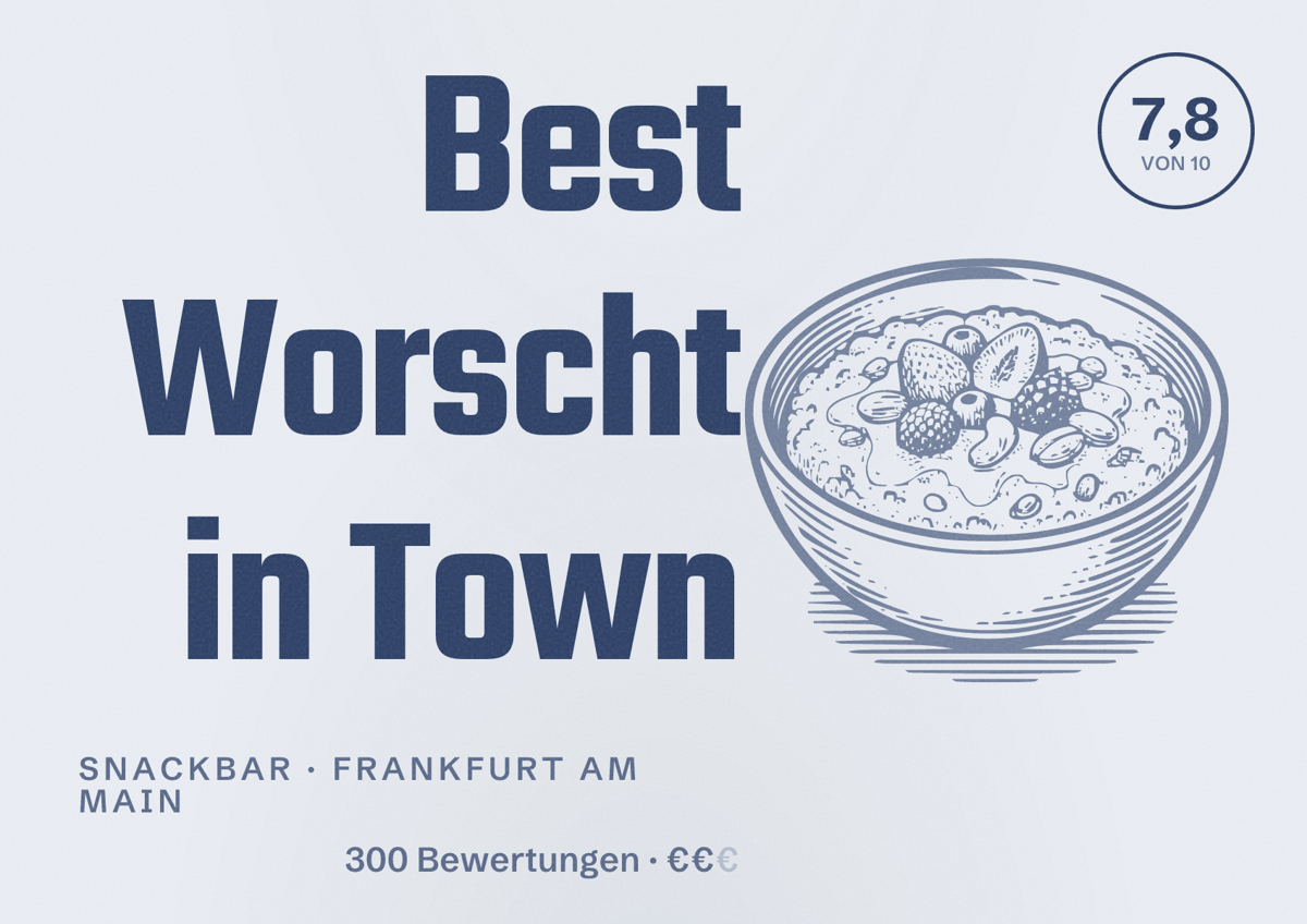 Illustriertes Poster von Best Worscht in Town, Snackbar in Frankfurt am Main: Bewertung 7,8 von 10 aus 300 Bewertungen, Preisniveau €€
