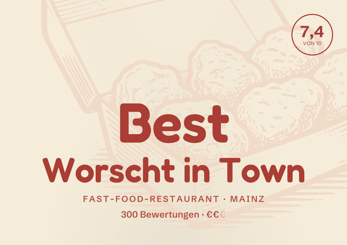 Illustriertes Poster von Best Worscht in Town, Fast-Food-Restaurant in Mainz: Bewertung 7,4 von 10 aus 300 Bewertungen, Preisniveau €€