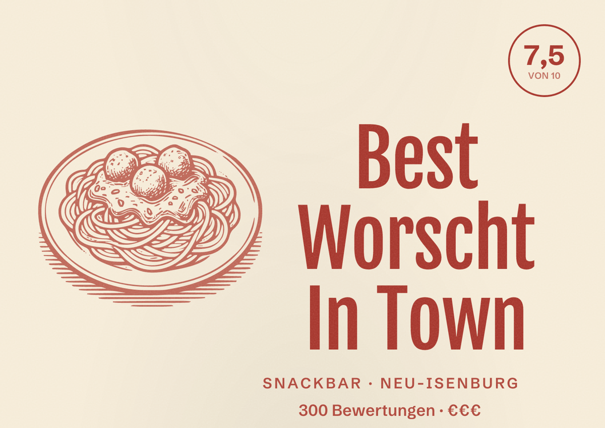 Illustriertes Poster von Best Worscht In Town, Snackbar in Neu-Isenburg: Bewertung 7,5 von 10 aus 300 Bewertungen, Preisniveau €€€