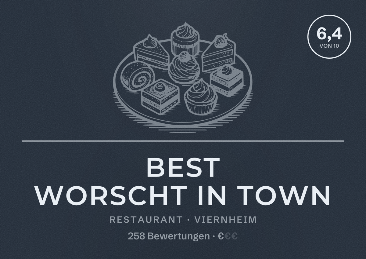 Illustriertes Poster von Best Worscht in Town, Restaurant in Viernheim: Bewertung 6,4 von 10 aus 258 Bewertungen, Preisniveau €