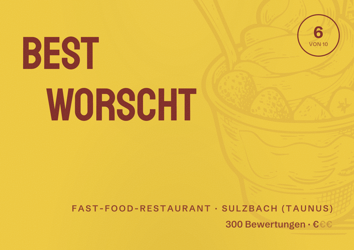 Illustriertes Poster von Best Worscht, Fast-Food-Restaurant in Sulzbach (Taunus): Bewertung 6 von 10 aus 300 Bewertungen, Preisniveau €