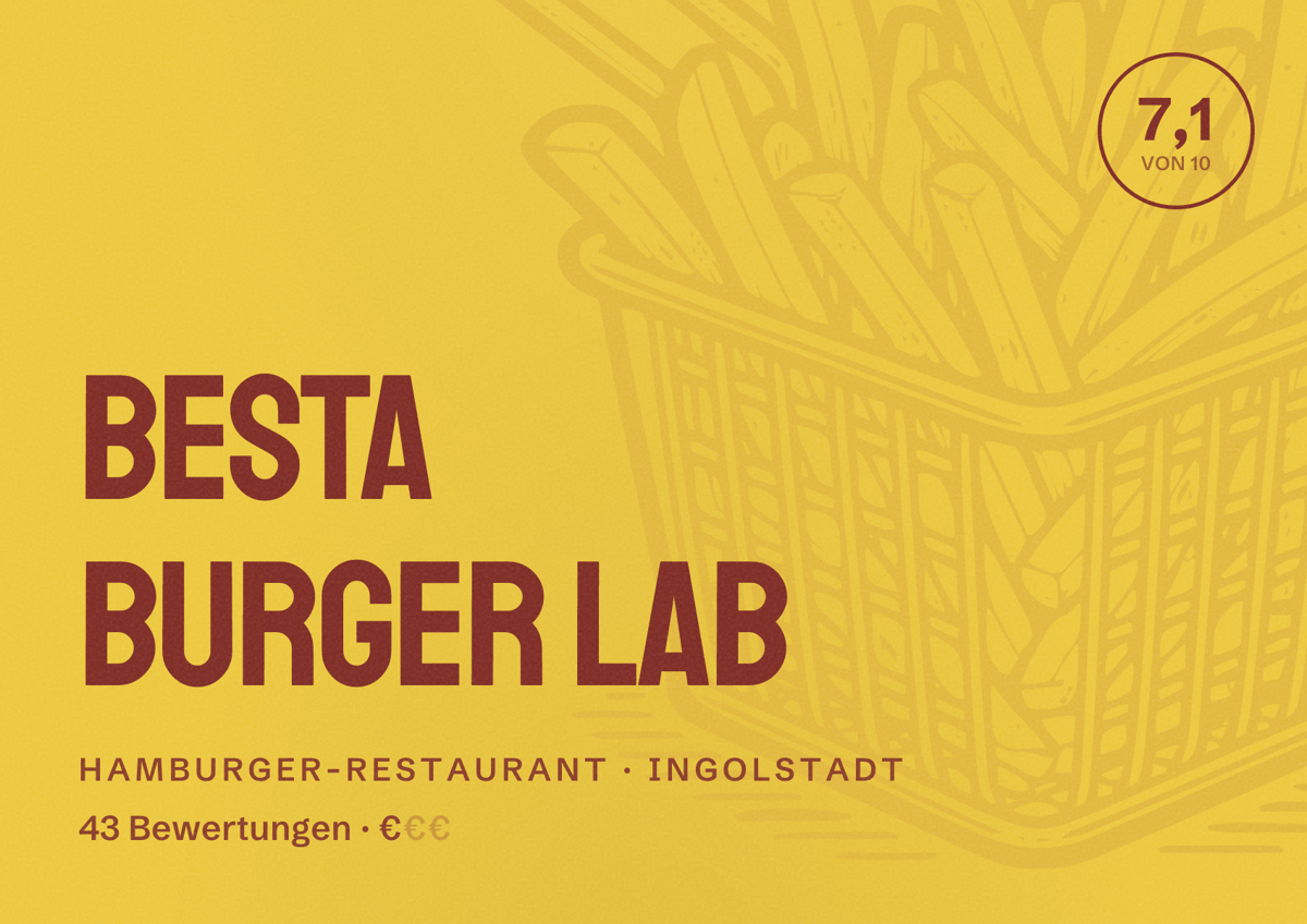 Illustriertes Poster von Besta Burger Lab, Hamburger-Restaurant in Ingolstadt: Bewertung 7,1 von 10 aus 43 Bewertungen, Preisniveau €