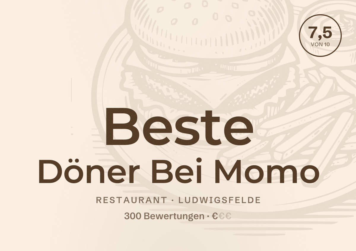 Illustriertes Poster von Beste Döner Bei Momo, Restaurant in Ludwigsfelde: Bewertung 7,5 von 10 aus 300 Bewertungen, Preisniveau €