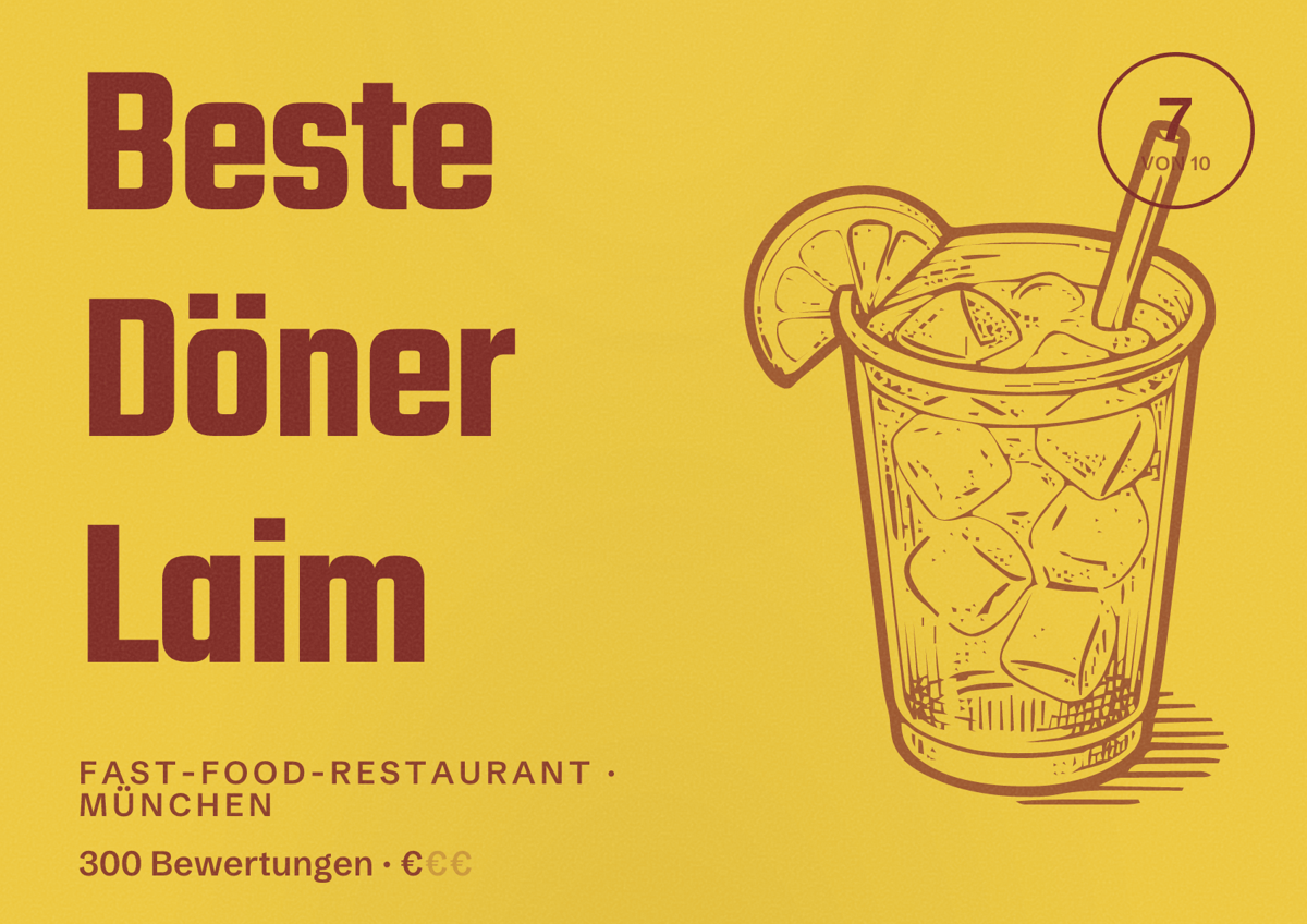 Illustriertes Poster von Beste Döner Laim, Fast-Food-Restaurant in München: Bewertung 7,0 von 10 aus 300 Bewertungen, Preisniveau €