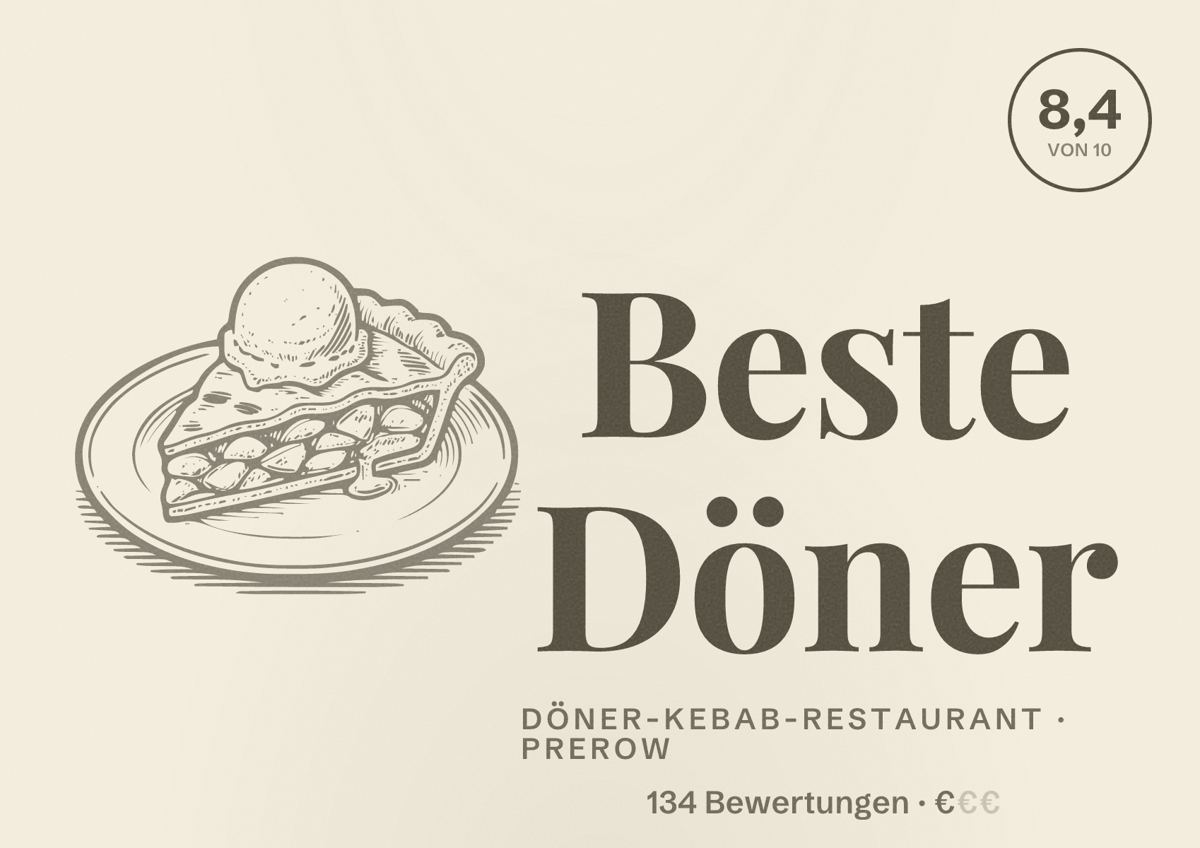Illustriertes Poster von Beste Döner, Döner-Kebab-Restaurant in Prerow: Bewertung 8,4 von 10 aus 134 Bewertungen, Preisniveau €