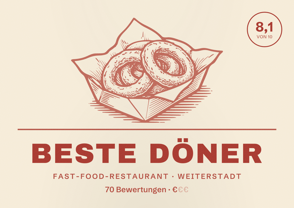Illustriertes Poster von Beste Döner, Fast-Food-Restaurant in Weiterstadt: Bewertung 8,1 von 10 aus 70 Bewertungen, Preisniveau €