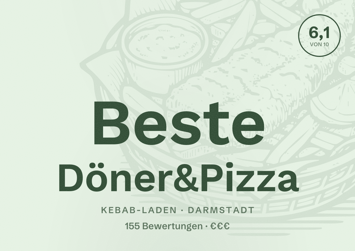 Illustriertes Poster von Beste Döner&Pizza, Kebab-Laden in Darmstadt: Bewertung 6,1 von 10 aus 155 Bewertungen, Preisniveau €€€