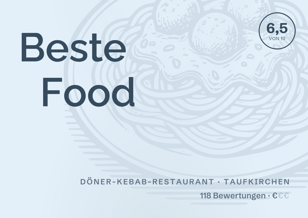 Illustriertes Poster von Beste Food, Döner-Kebab-Restaurant in Taufkirchen: Bewertung 6,5 von 10 aus 118 Bewertungen, Preisniveau €