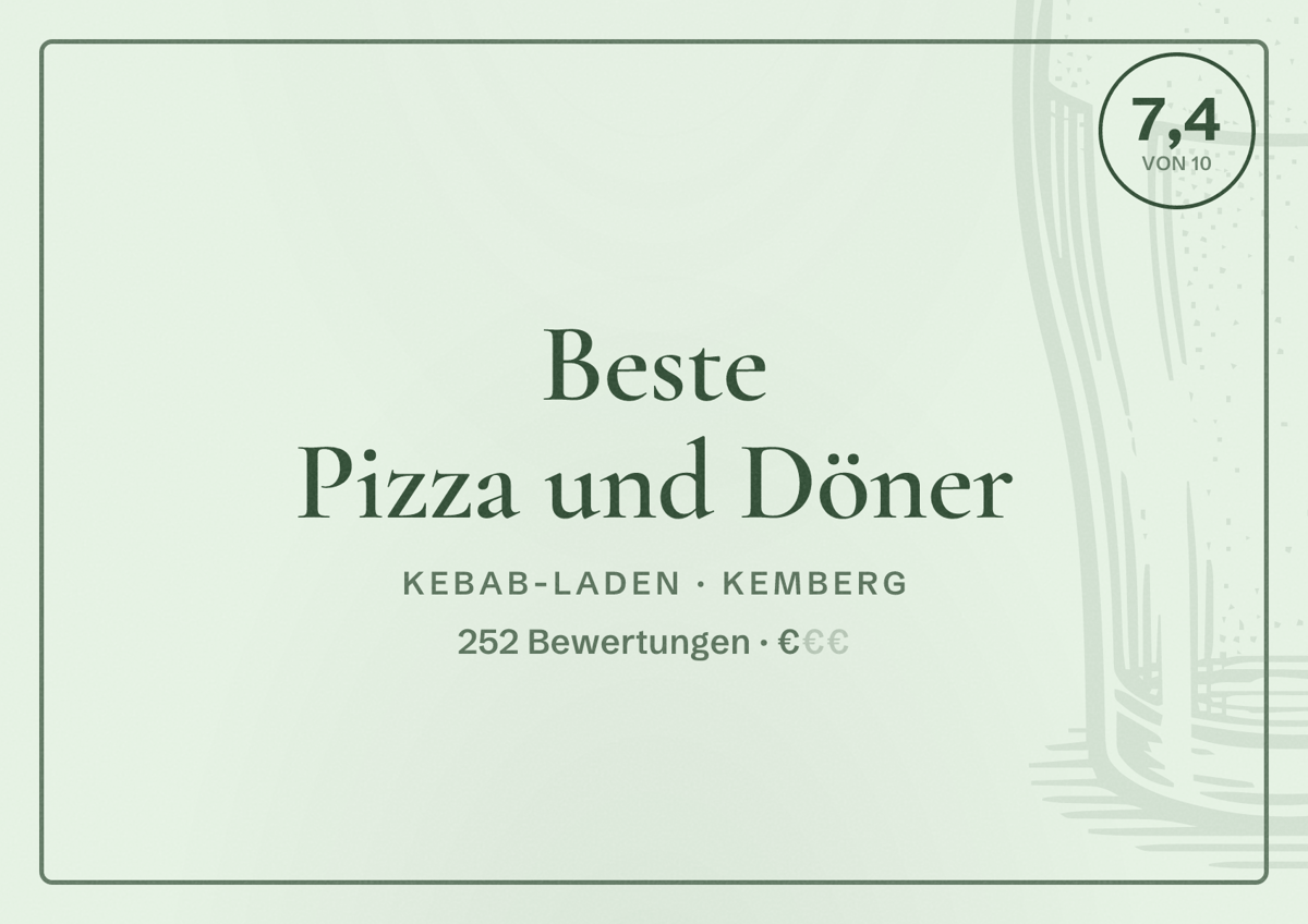 Illustriertes Poster von Beste Pizza und Döner, Kebab-Laden in Kemberg: Bewertung 7,4 von 10 aus 252 Bewertungen, Preisniveau €
