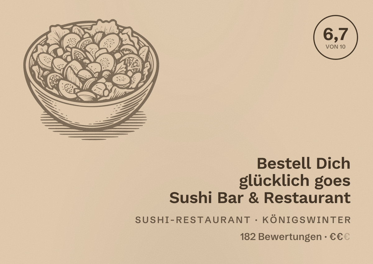 Illustriertes Poster von Bestell Dich glücklich goes Sushi Bar & Restaurant, Sushi-Restaurant in Königswinter: Bewertung 6,7 von 10 aus 182 Bewertungen, Preisniveau €€