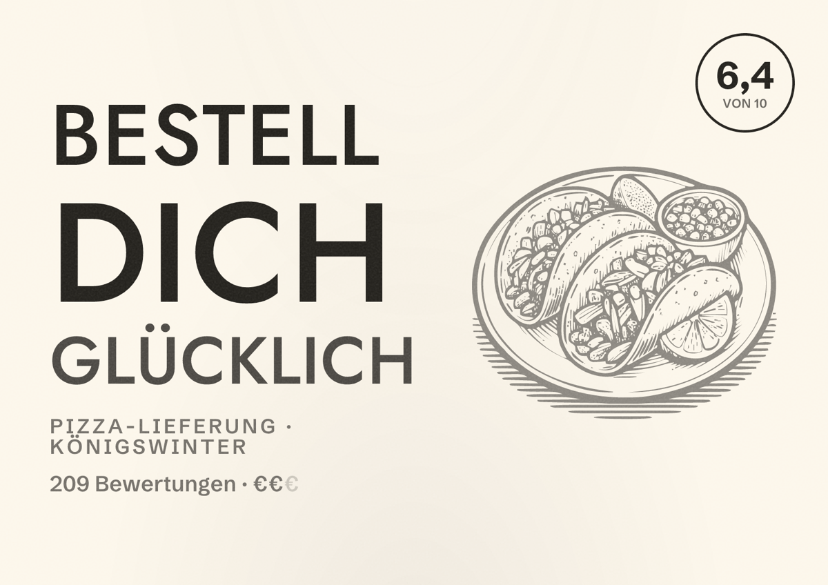 Illustriertes Poster von Bestell Dich Glücklich, Pizza-Lieferung in Königswinter: Bewertung 6,4 von 10 aus 209 Bewertungen, Preisniveau €€