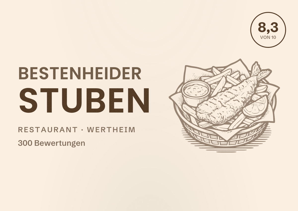 Illustriertes Poster von Bestenheider Stuben, Restaurant in Wertheim: Bewertung 8,3 von 10 aus 300 Bewertungen